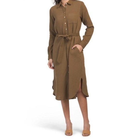 Magaschoni Dresses & Skirts - Magaschoni Organic Cotton Gauze Tie Waist Shirt Dress Brown Minimalist Sz L